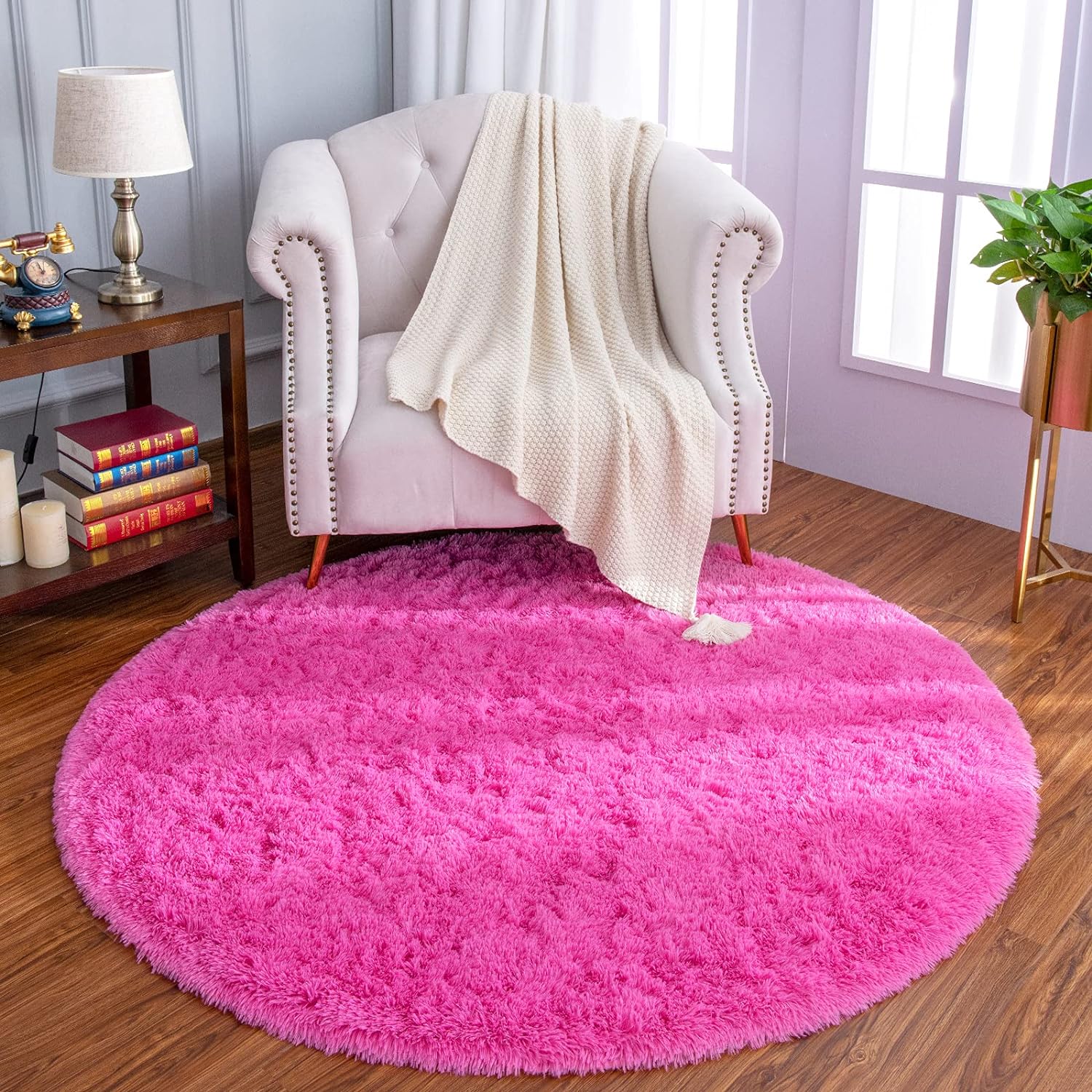 LOCHAS Luxury Round Fluffy Area Rugs for Bedroom Kids Girls Room Nursery, Super Soft Circle Rug, Cute Shaggy Carpet for Children Living Room, 4x4 Feet Hot Pink