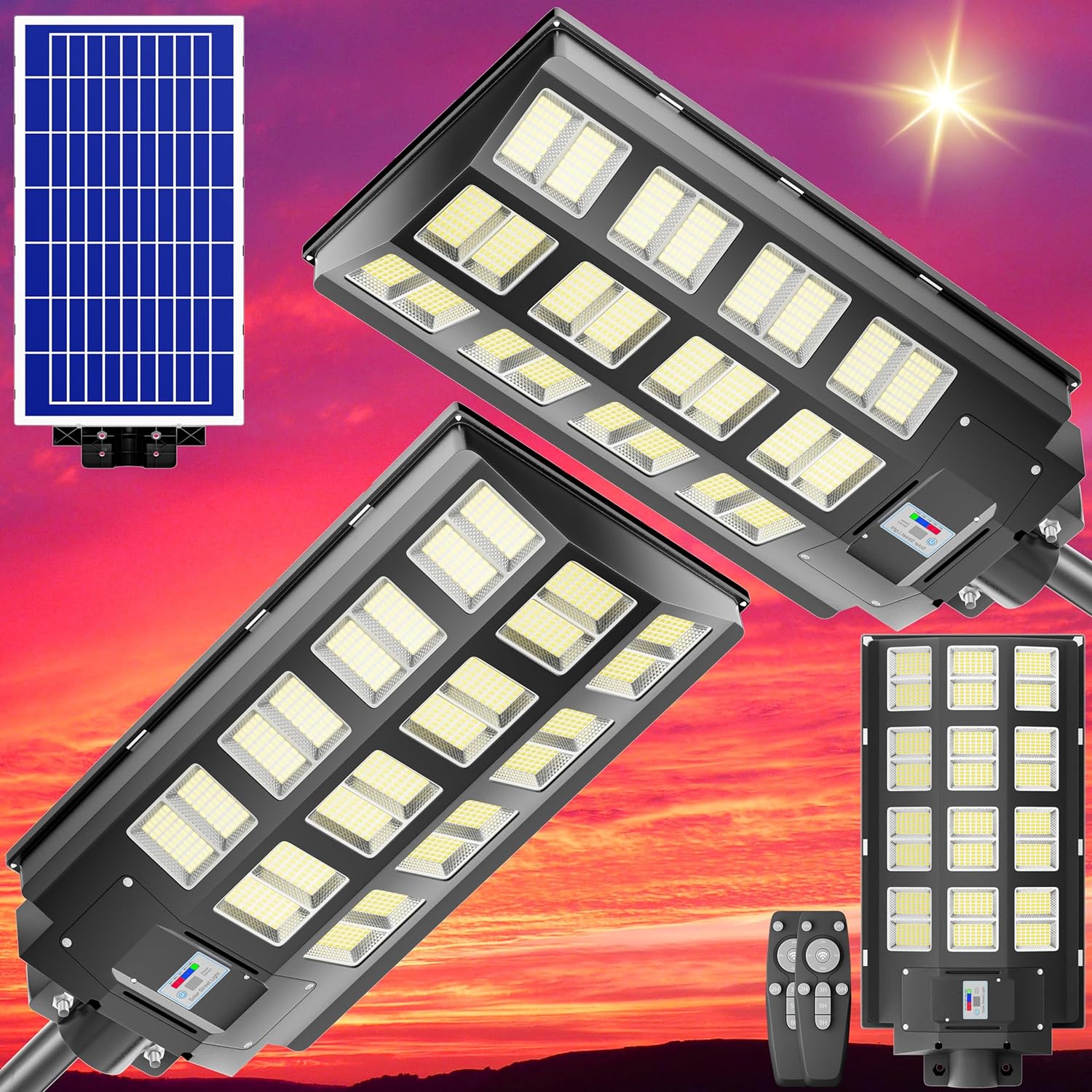 3200W Solar Street Lights Outdoor 240000 Lumens Solar Flood Lights with Remote Control & Motion Sensor, Waterproof IP66 Dusk to Dawn Solar Lights for Garden,Yard, Path, Parking Lot 2-Pack