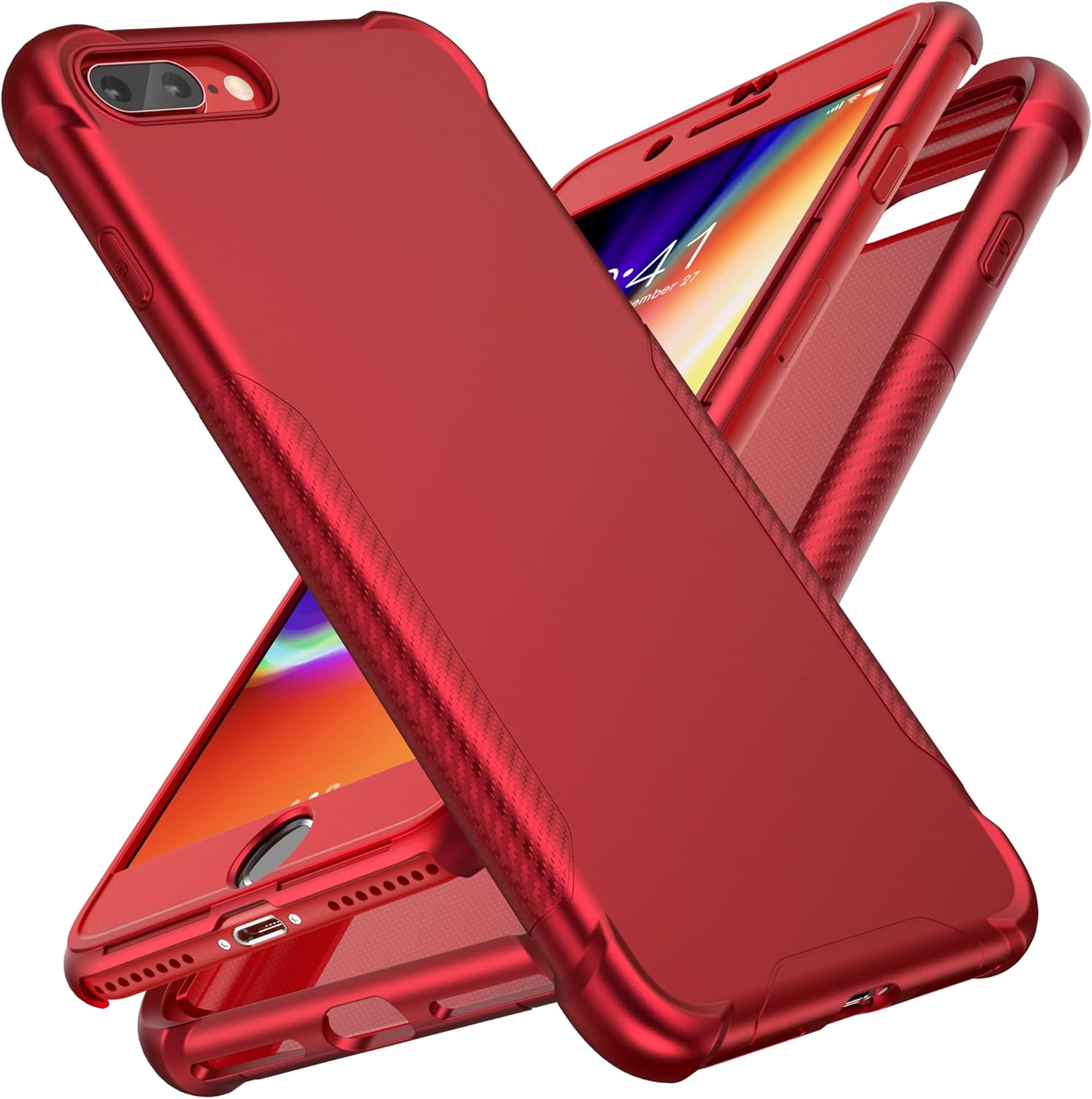 Designed for iPhone 7 Plus Case,ORETech Designed for iPhone 8 Plus Case with[2 x Tempered Glass Screen Protector]Carbon Fiber Texture Anti-Slip Hard PC+Soft TPU Case for iPhone 7 Plus/8 Plus-5.5Red