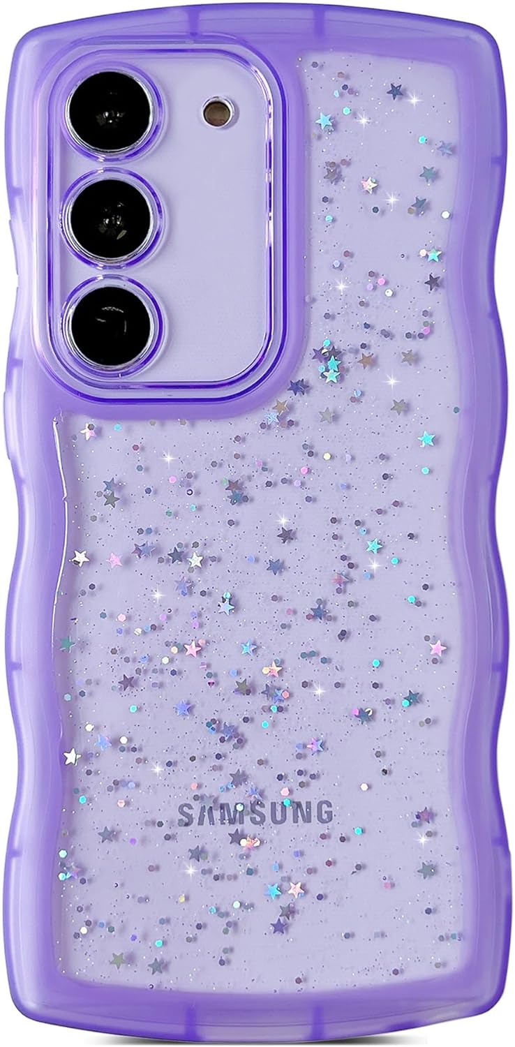 Qokey for Galaxy S22 5G Case 6.1,Curly Wavy Anti-Slip Grip Design Transparent Bling Glitter Star Shiny Case Cute Clear Sparkly Bumper Protection Soft Phone Cover Case for Women Girls,Purple