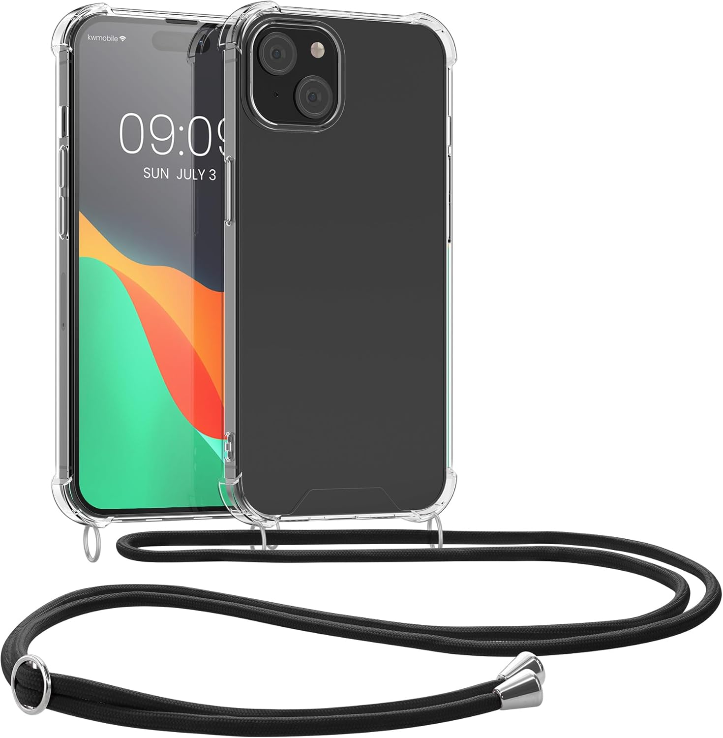 kwmobile Crossbody Case Compatible with iPhone 15 Case - Clear TPU Phone Cover w/Lanyard Cord Strap - Transparent/Black