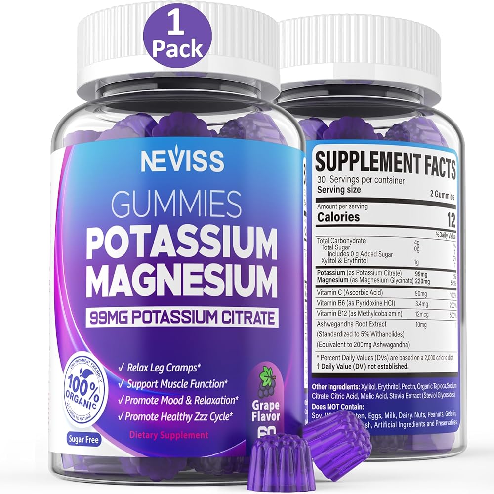 Potassium Magnesium Gummies for Adults Kids, Sugar-Free Potassium Citrate 99mg with High Absorption Magnesium Glycinate, Ashwagandha, B6,B12 for Leg Cramps & Muscle Function, Electroyte,1Pack