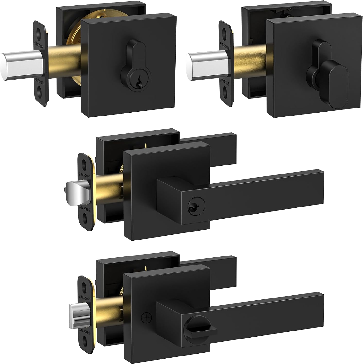 TICONN Deadbolt Door Handle Set, Heavy Duty Reversible Square Door Lever with Dead Bolt for Entrance, Offce and Rooms (Deadbolt with Keyed Entry - Not keyed Alike, 2 Pack, Matt Black)