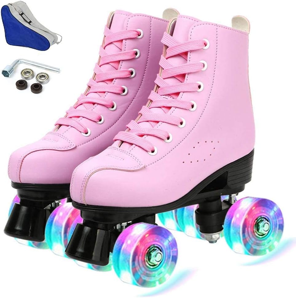 YYW Roller Skates for Women Men, High Top PU Leather Classic Double-Row Roller Skates, Indoor Outdoor Roller Skates for Beginner a Shoes Bag