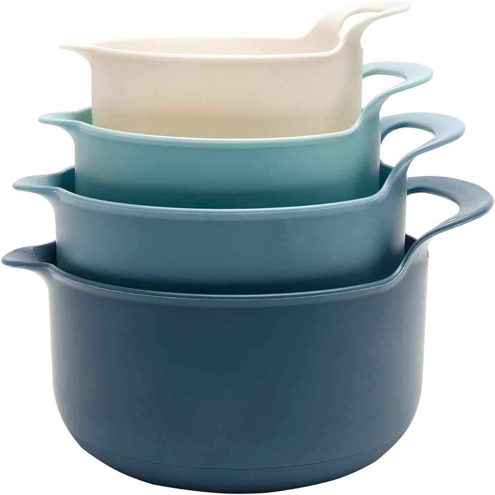 COOK WITH COLOR Mixing Bowls - 4 Piece Nesting Plastic Mixing Bowl Set with Pour Spouts and Handles - Non Slip Bottom and Measurement Markings (Blue)