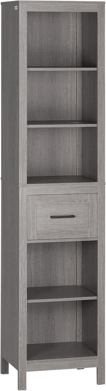 kleankin Narrow Bathroom Storage Cabinet with Drawer and 5 Tier Shelf, Tall Cabinet Freestanding Linen Tower, Slim Corner Organizer, Gray