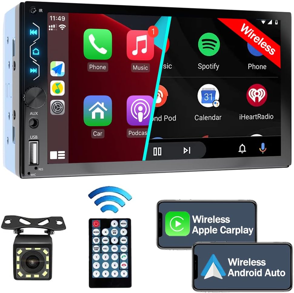 Double Din Car Stereo with Wireless Carplay,Wireless Android Auto,7 inch Touch Screen Radio with Backup Camera,Bluetooth Car Audio Receiver,Mirror Link,SWC,FM/USB/AUX/Subwoofer