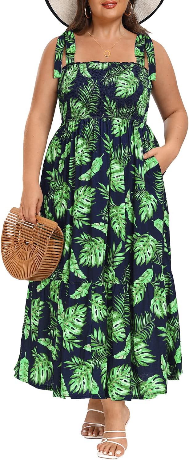 Women' Plus Size Summer Maxi Dress Casual Spaghetti Strap Smocked Tiered Long Beach Sun Dresses