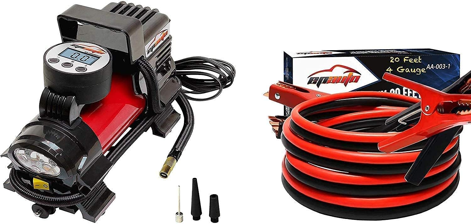 EPAuto 12V DC Portable Air Compressor Pump, Digital Tire Inflator   4 Gauge x 20 Ft 500A Heavy Duty Booster Jumper Cables