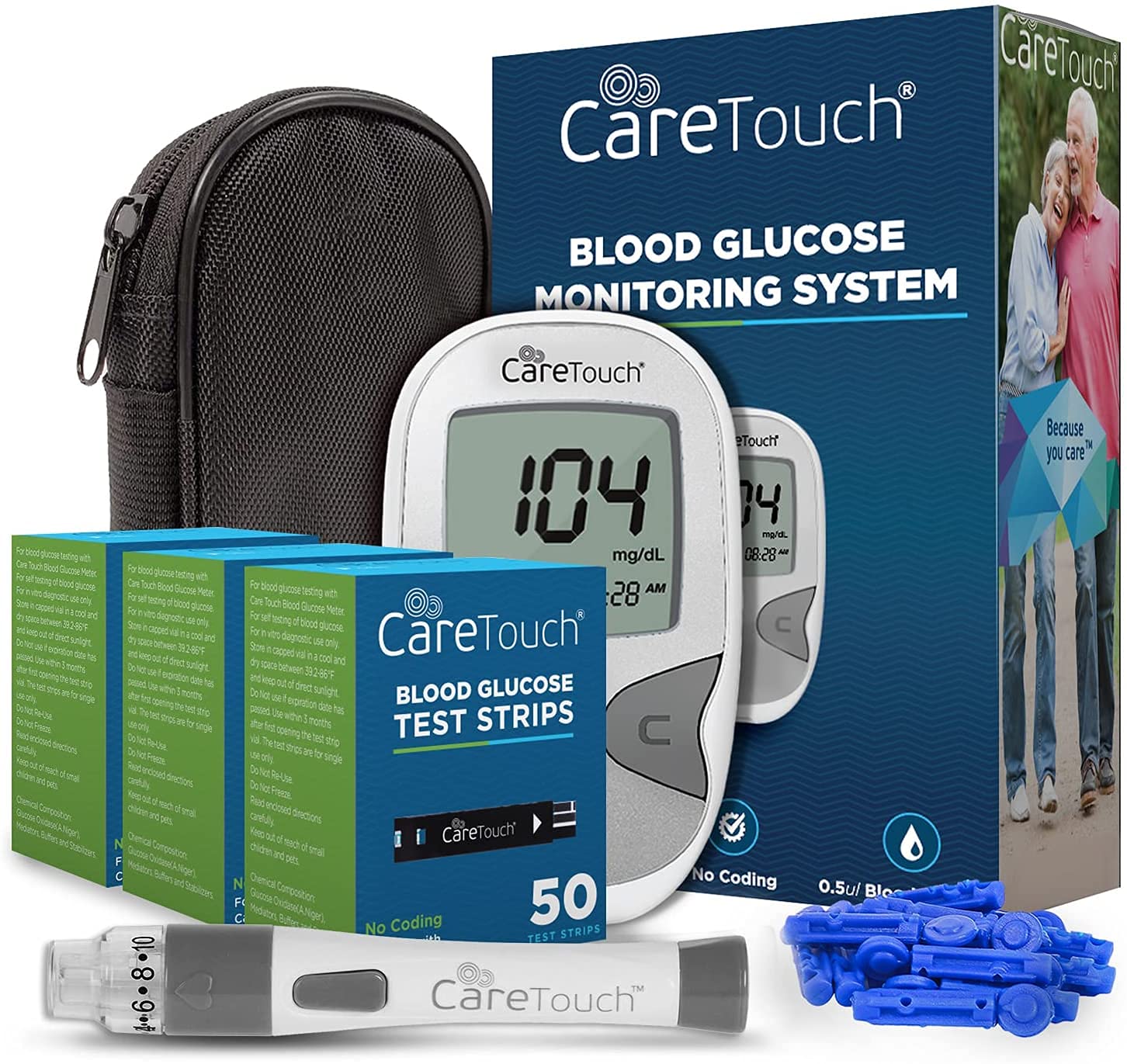 Care Touch Blood Glucose Monitor Kit - Diabetes Testing Kit: 1 Glucometer, 150 Blood Sugar CareTouch Test Strips, 1 Lancing Device, 100 Lancets, Travel Case for Blood Sugar Monitor Kit with Strips