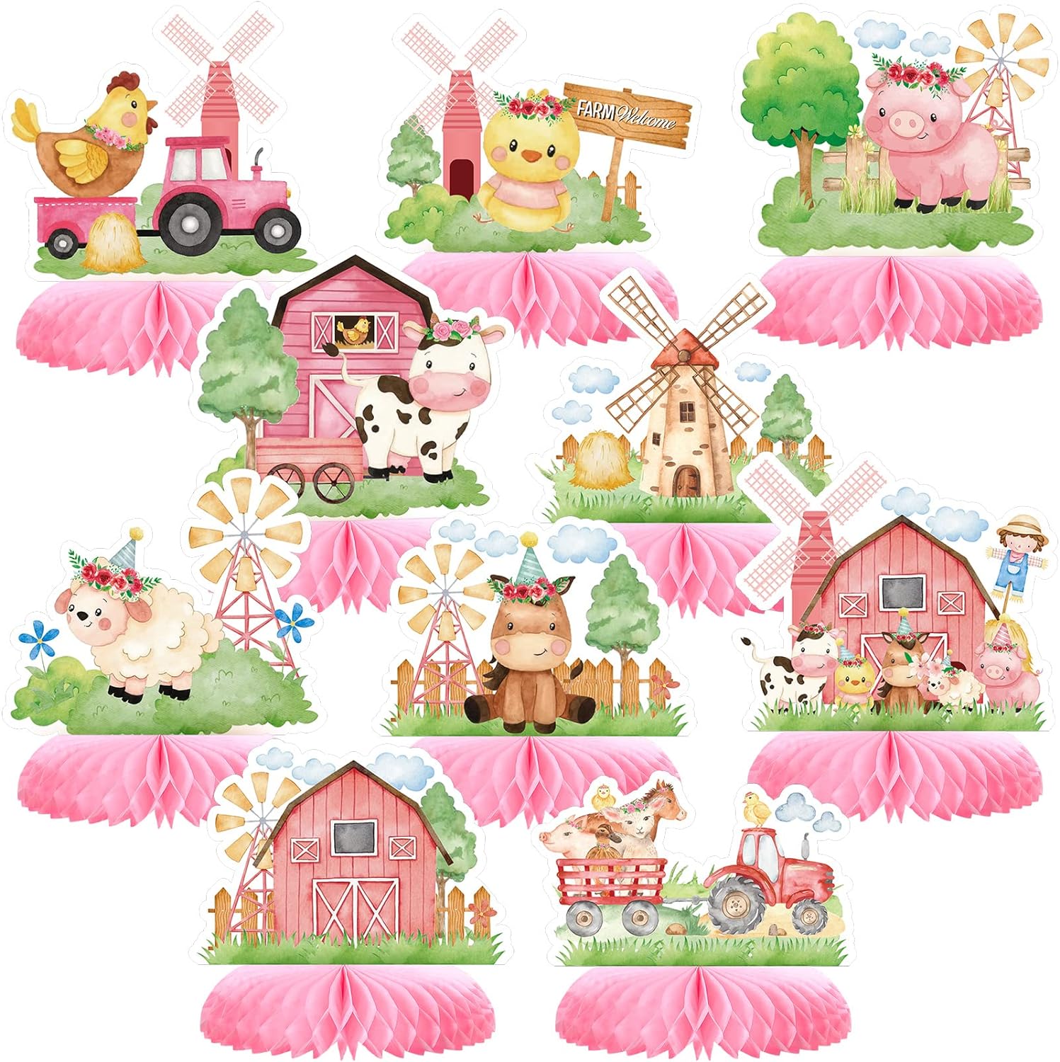 Amylove 10 Pcs Pink Farm Animals Party Supplies Girl Pink Barnyard Birthday Party Decorations Farm Animal Honeycomb Centerpiece for Table Birthday Baby Shower Party Decorations