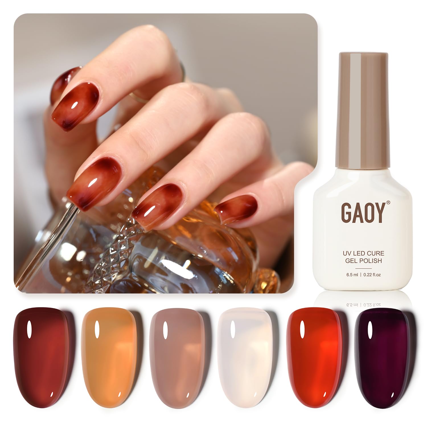 GAOY Jelly Brown Gel Nail Polish of 6 Transparent Nude White Dark Red Colors Sheer Gel Polish Kit for Salon Gel Manicure and Nail Art DIY at Home