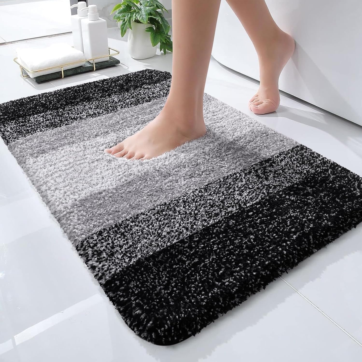 OLANLY Luxury Bathroom Rug Mat 24x16, Extra Soft and Absorbent Microfiber Bath Rugs, Non-Slip Plush Shaggy Bath Carpet, Machine Wash Dry, Bath Mats for Bathroom Floor, Tub and Shower, Black