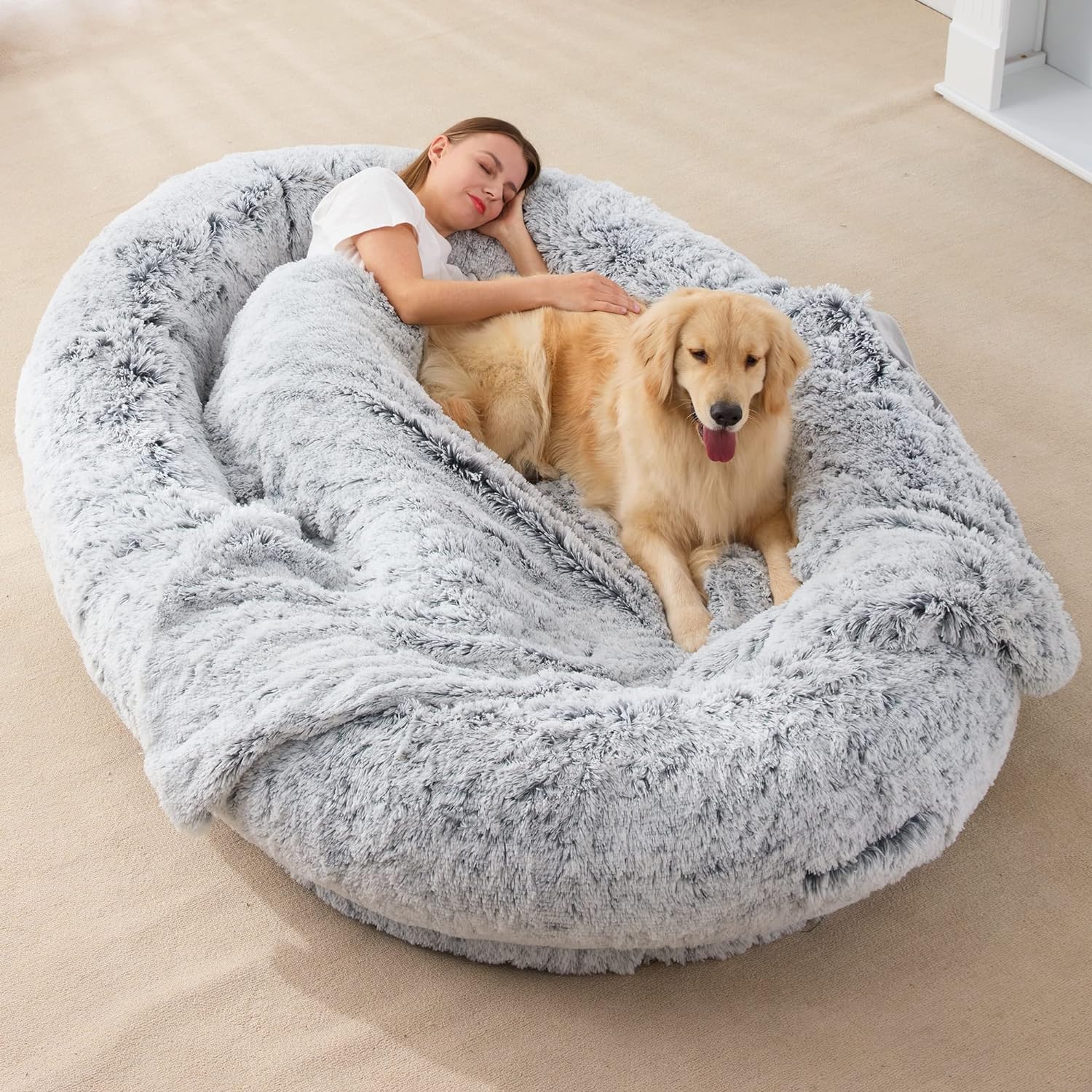 Homguava Large Human Dog Bed 75.5x55x12 Human-Sized Big Dog Bed for Adults&Pets Giant Beanbag Bed with Washable Fur Cover,Blanket and Strap, Grey Plush