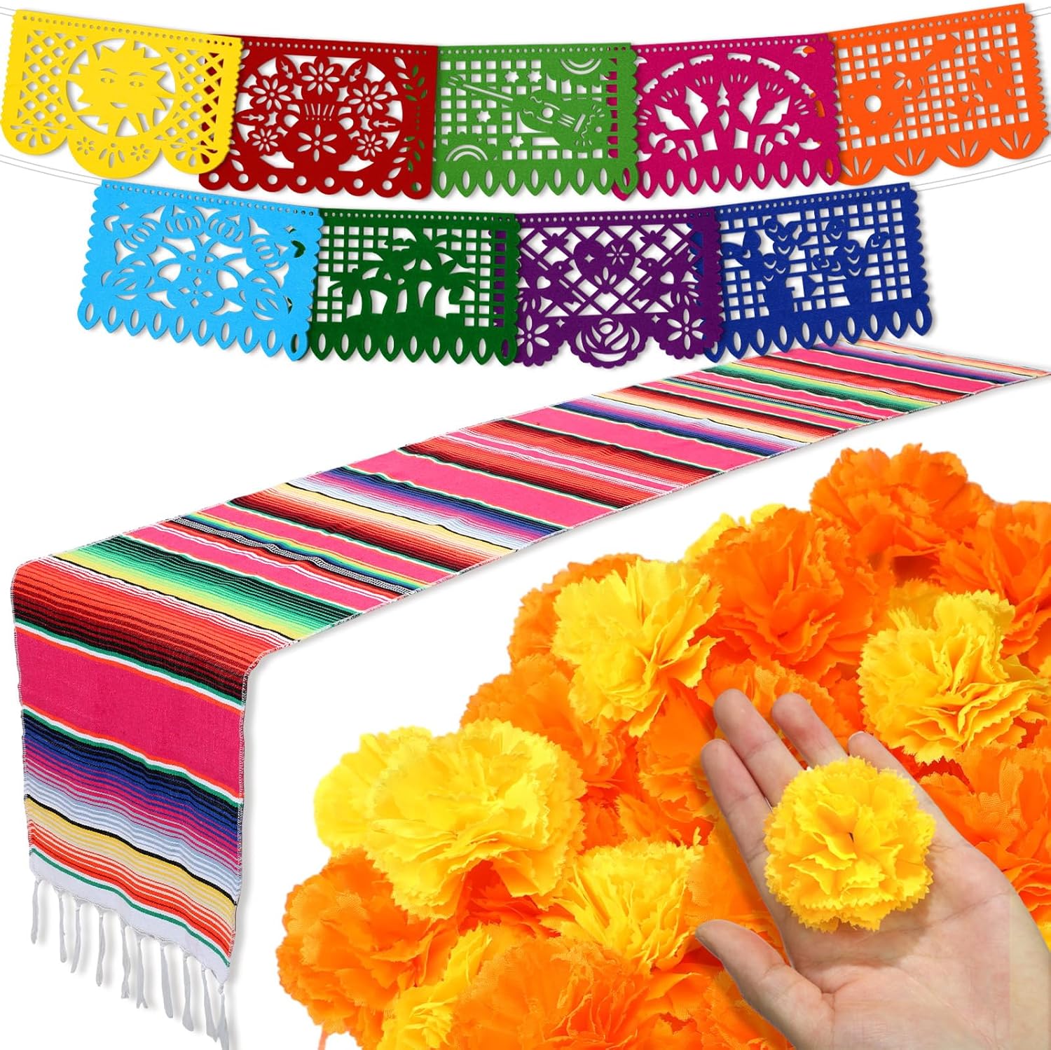 50 Pcs Marigold Flower Heads Bulk Day of The Dead Decor Altar De Ofrendas Dia de Muertos Decoration 9 Pcs Mexican Papel Picado 1 Pcs Mexican Table Runner Supplies (Orange, Yellow, Rose Red)