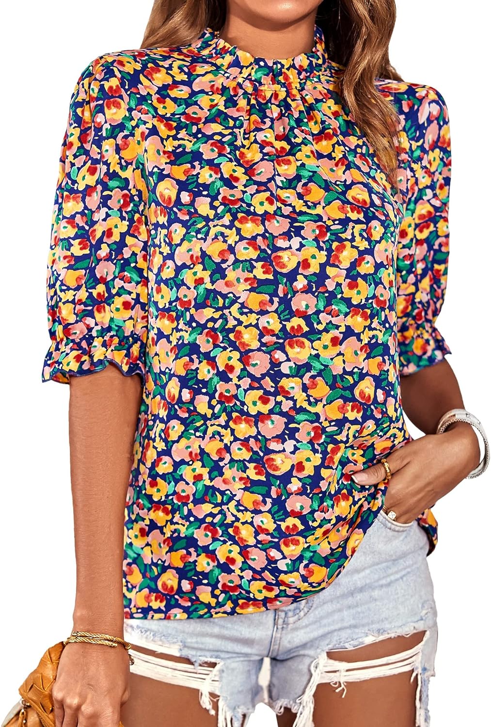 BTFBM Women' Summer Boho Shirt Top Ruffle Short Sleeve Frill Trim Mock Neck Floral Solid 2024 Casual Blouses Shirts Tops