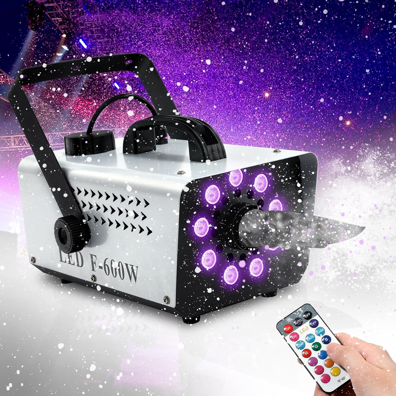 TCFUNDY Snow Machine with 9 LED Lights, 600W Snow Making Machine with 12 Color Lights Effect Snowflake Maker for Christmas Wedding Kids Party Stage with Remote Control