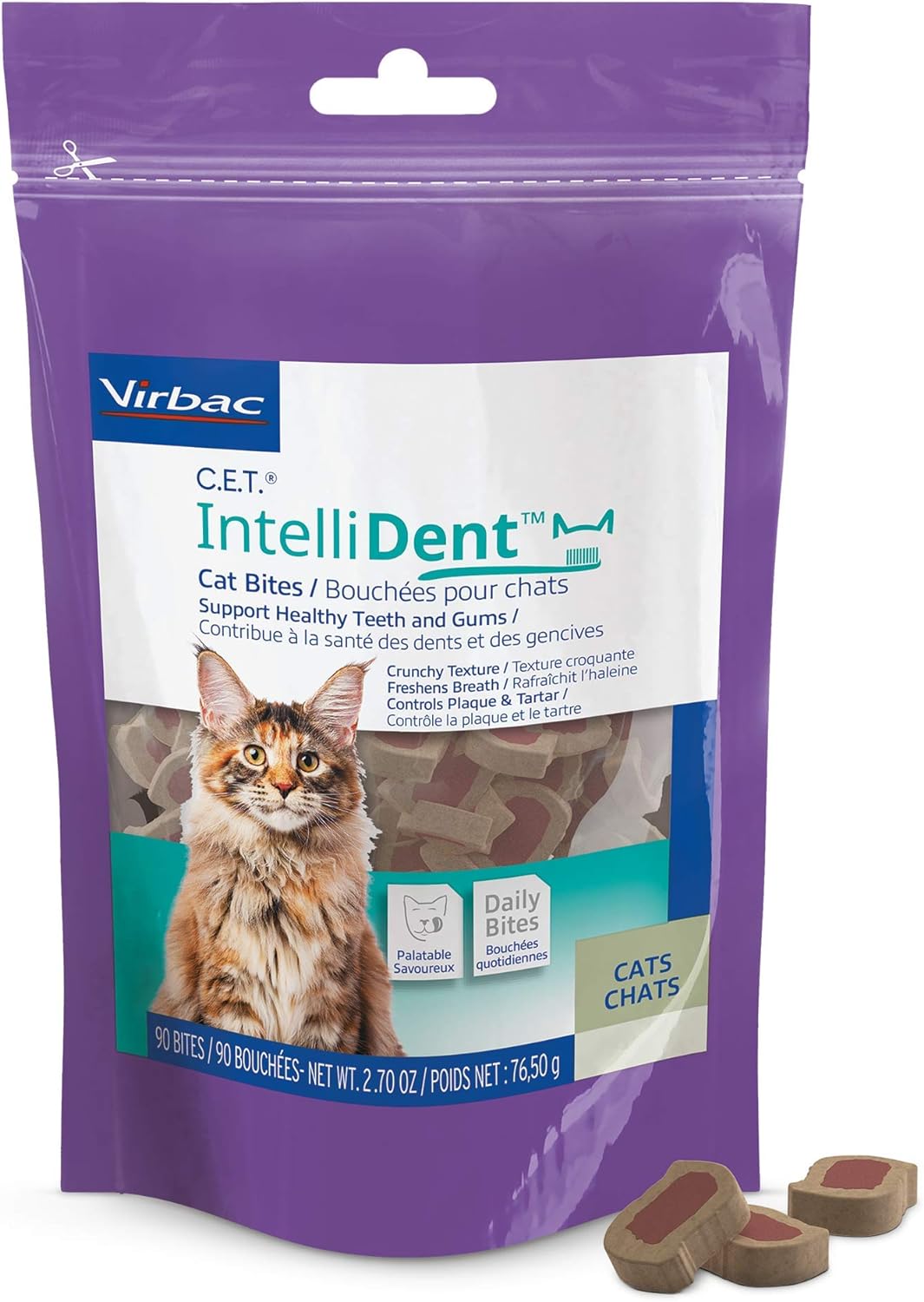 Virbac C.E.T. IntelliDent Cat Bites Dental Care Cat Treats for Healthy Teeth and Gums Fresh Breath Chicken Flavor 90 per Bag