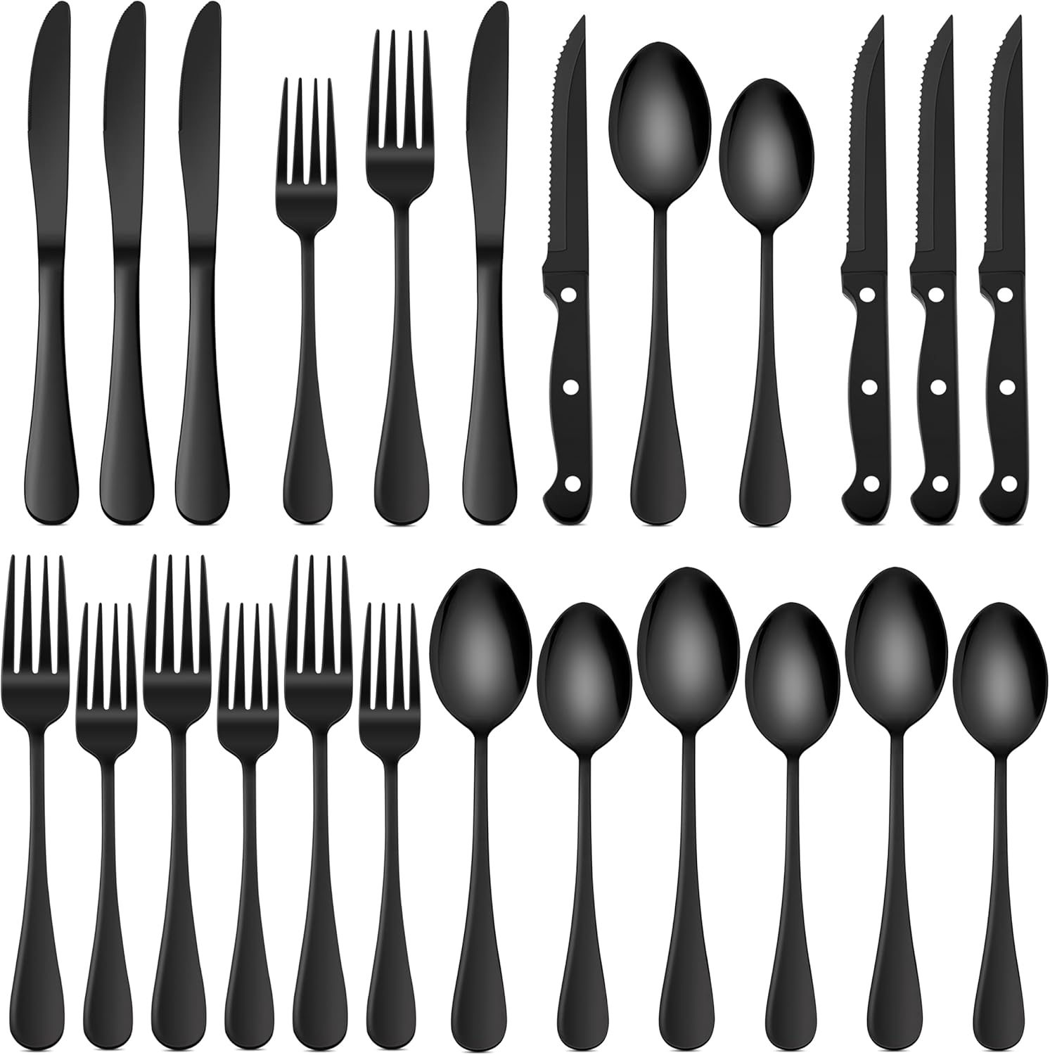 HaWare 24-Piece Black Silverware Set with Steak Knives, Stainless Steel Cutlery Set, Food Grade Flatware Set Service for 4, Mirror Finished Tableware for Home Restaurant, Include Knives, Forks, Spoons