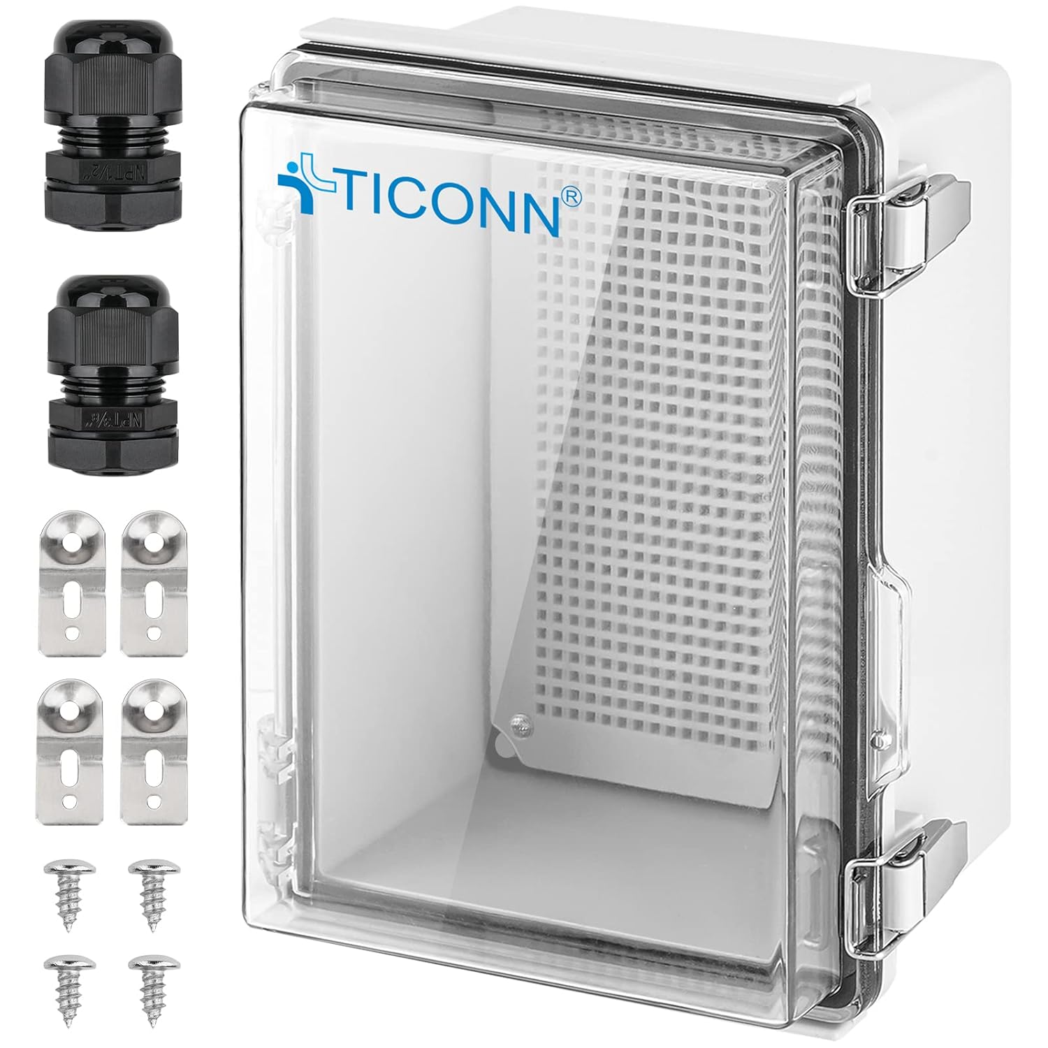 TICONN Waterproof Electrical Junction Box IP67 ABS Plastic Enclosure with Hinged Cover with Mounting Plate, Wall Brackets, Cable Glands (Clear, 11x7.5x5.5)