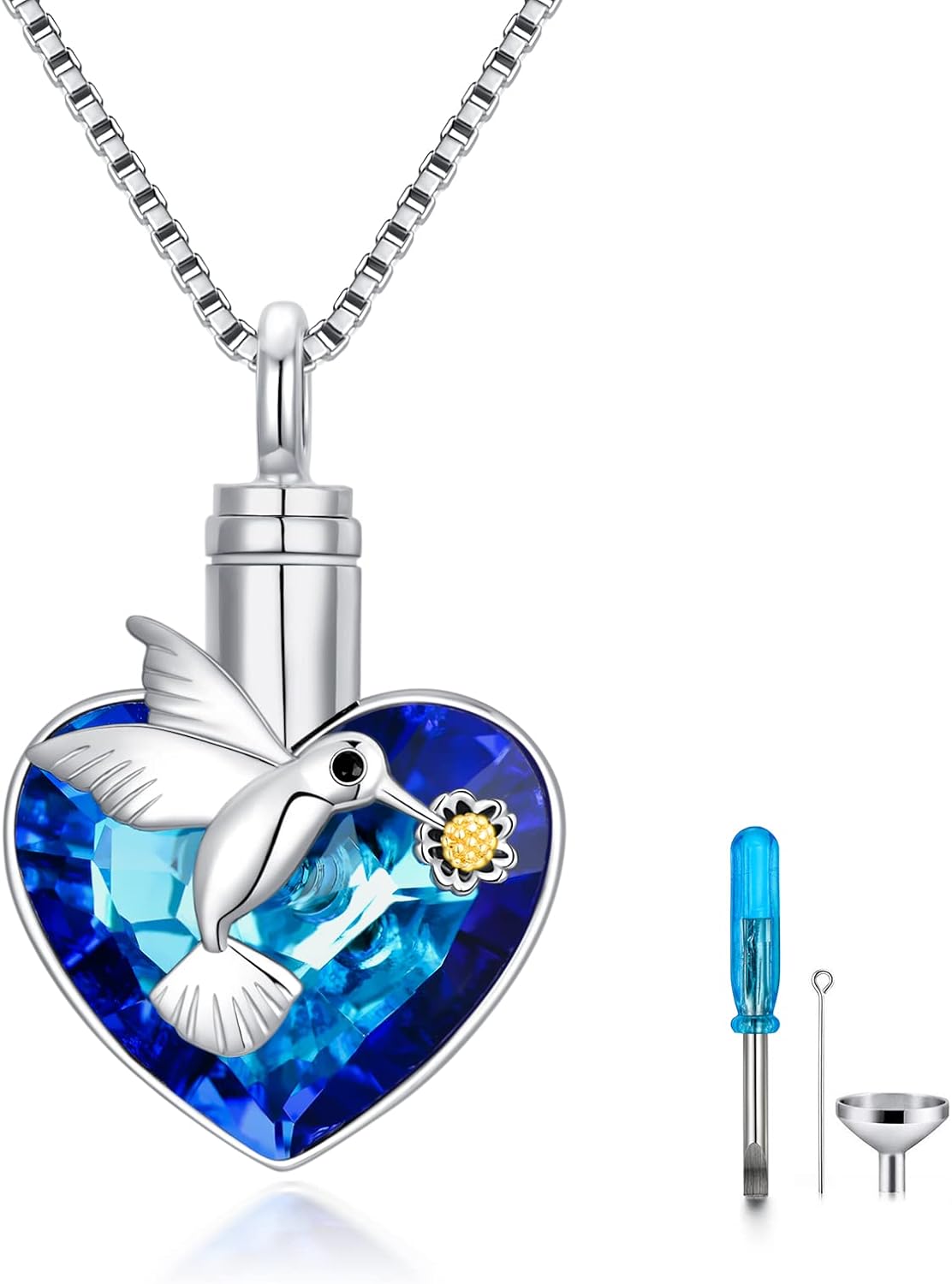 AOBOCO Heart URN Necklace S925 Sterling Silver Cremation Necklace for Ashes Embellished with Crystals from Austria, Fine Keepsake Memorial Jewelry for Ashes (Package including a Necklace/Pin/Funnel)