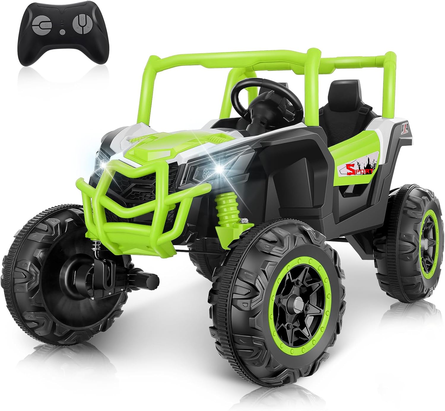 Hikole 24V Ride On Car Toys with Remote Control, 2 Seater 4x4 Side by Side Kids UTV w/20 Wide Seat, 4WD/2WD Switchable, Bluetooth, 3 Speeds, Electric Power Vehicles Wheels for Boys Girls-Green