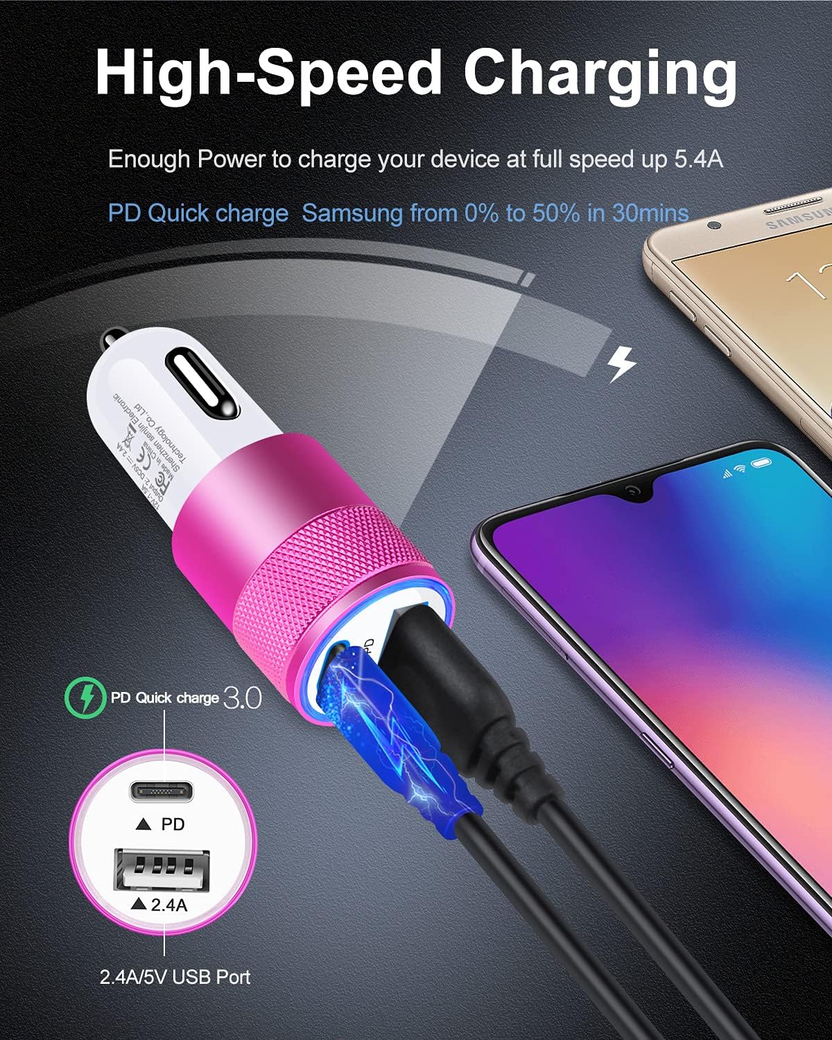 30W USB C Car Charger, [2Pack]3.0 Fast Charge Dual Port USB Type C and 2.4a USB A Cargador Carro Lighter Adapter for iPhone, Tablet, iPad, Samsung Galaxy, LG, Google Pixel GPS, Z Play Droid, Motorola