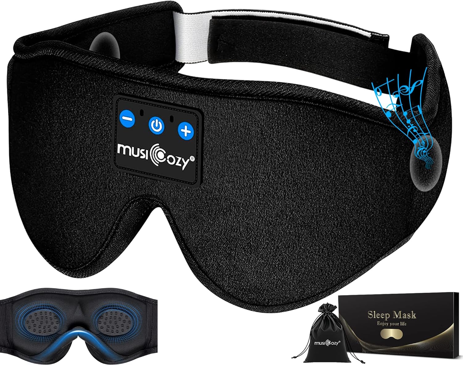 MUSICOZY Sleep Headphones Bluetooth Sleep Mask, 3D Wireless Music Sleeping Eye Mask Earbuds for Men Women with Cool Tech Gadgets Unique Gifts, Matte Black