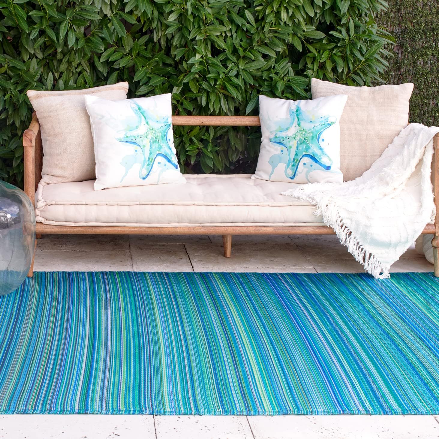 Fab Habitat Striped Outdoor Rug - Waterproof, Fade Resistant, Crease-Free, Reversible - Premium Recycled Plastic - Patio Porch Balcony Deck - Cancun TurquoiseMoss Green - 8x10 ft