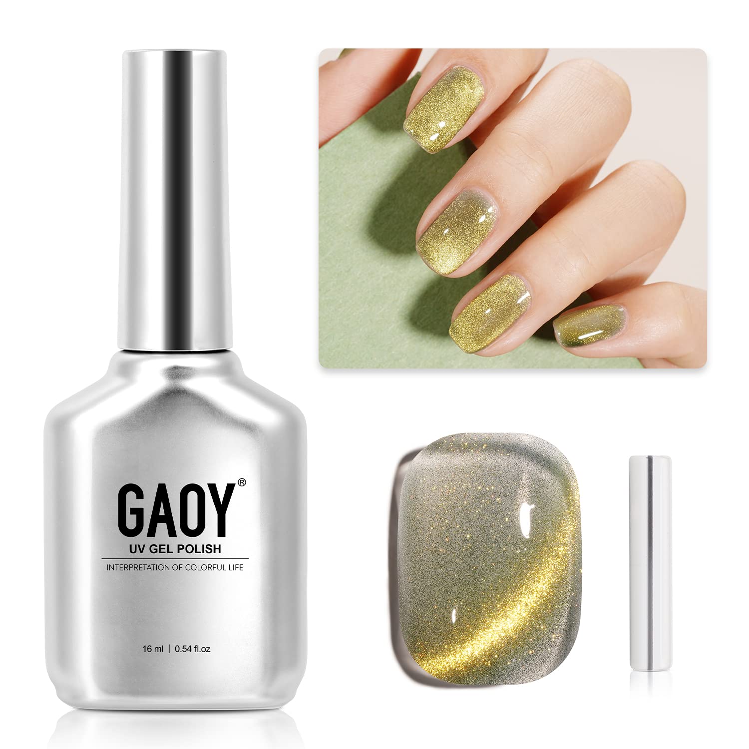 GAOY Cat Eye Gel Nail Polish, Glitter Holographic Nail Polish with Magnet, 16ml Reflective Translucent UV Gel for Nail Art, 1139 Chafer Green