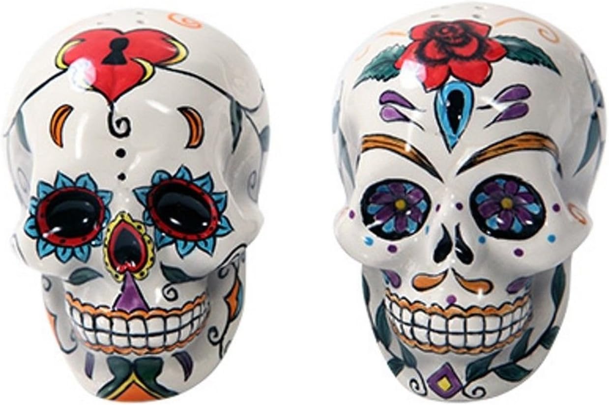 Pacific Giftware Day Of The Dead Skulls Salt Pepper Shakers Figurine Home Decor, multi-colored, 5 x 2