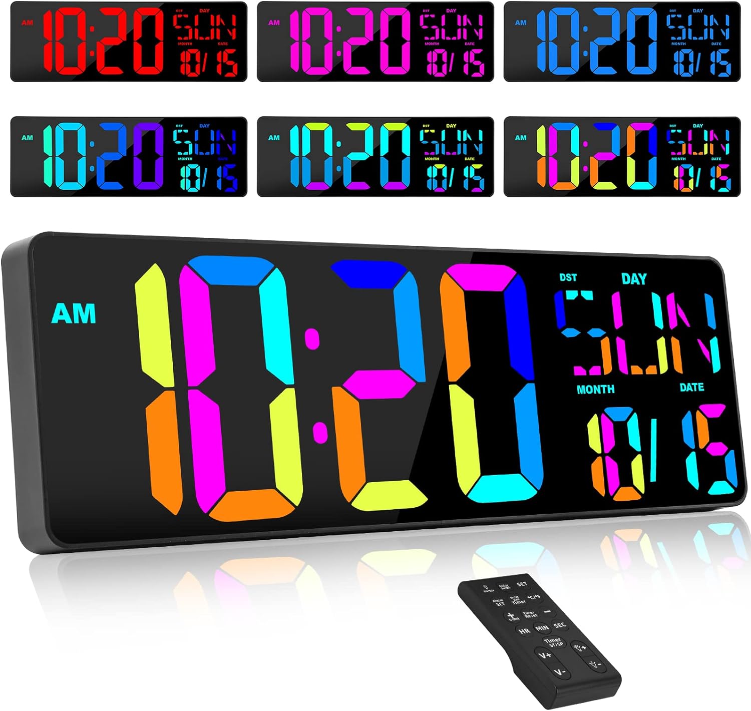 XREXS Large Digital Wall Clock with Remote Control, 17 Inch LED Large Display Count Up & Down Timer, Adjustable Brightness RGB Color Changing Clock Alarm Clock for Home, Gym, Office and Classroom