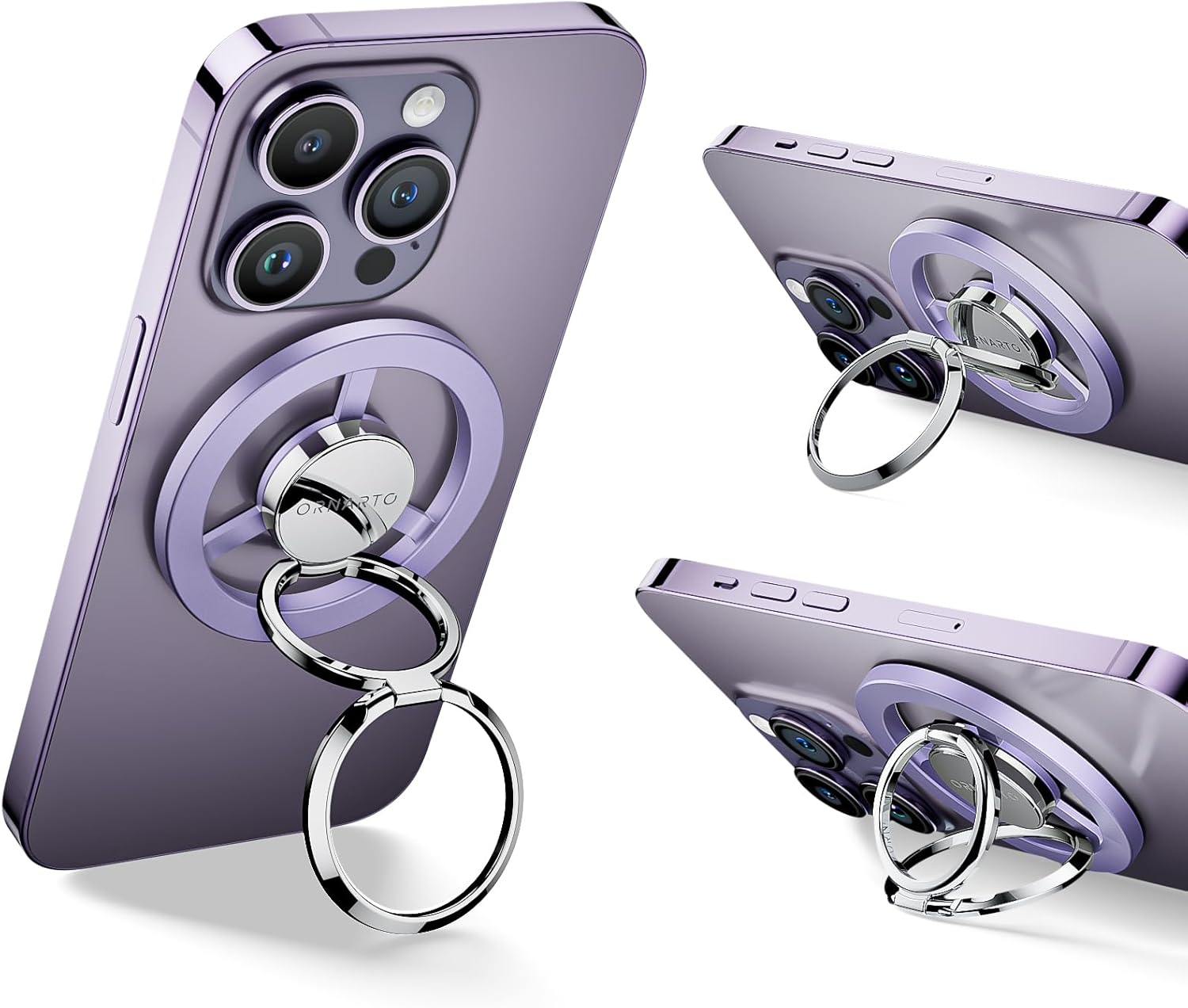 ORNARTO Magnetic Phone Ring Holder, Phone Grip with Adjustable Kickstand, Polished Metal Cell Phone Ring Holder Compatible with iPhone 15/14/13/12 Series-Purple