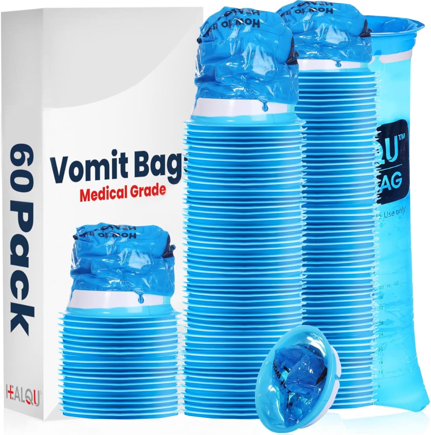 Healqu Hospital Vomit Bags - 60 Pack 1000ml Car Throw Up Bag - for Airsick Travel & Motion Sickness - Leak Resistant Medical Grade Puke Bag - Disposable Barf Bags Throw Up, Nausea