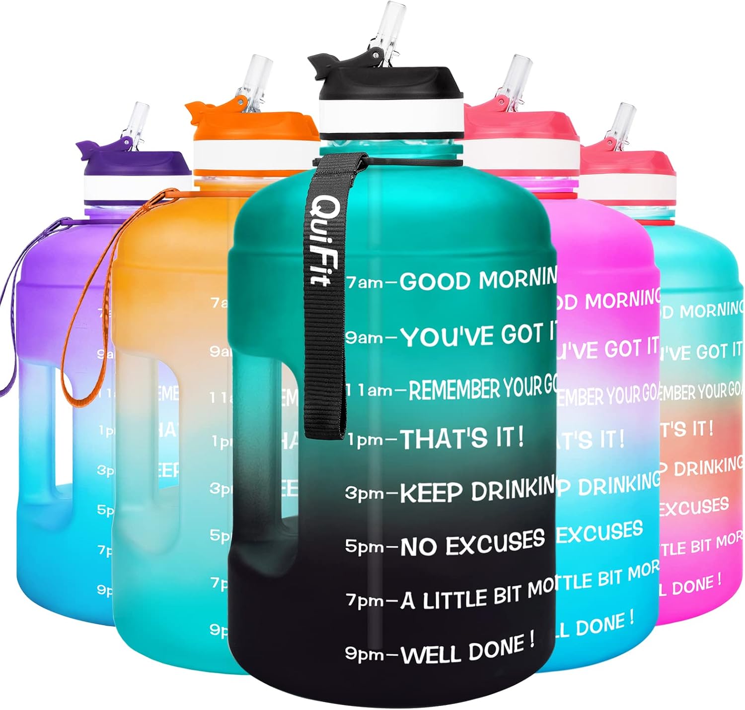 QuiFit Motivational Gallon Water Bottle - with Straw & Time Marker BPA Free Large Reusable Sport Water Jug with Handle for Fitness Outdoor Enthusiasts Leak-Proof