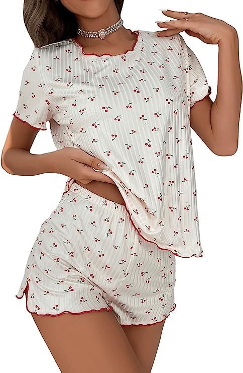 SOLY HUX Pajama Set for Women Cute Print Short Sleeve Tee and Shorts Lounge Sleepwear
