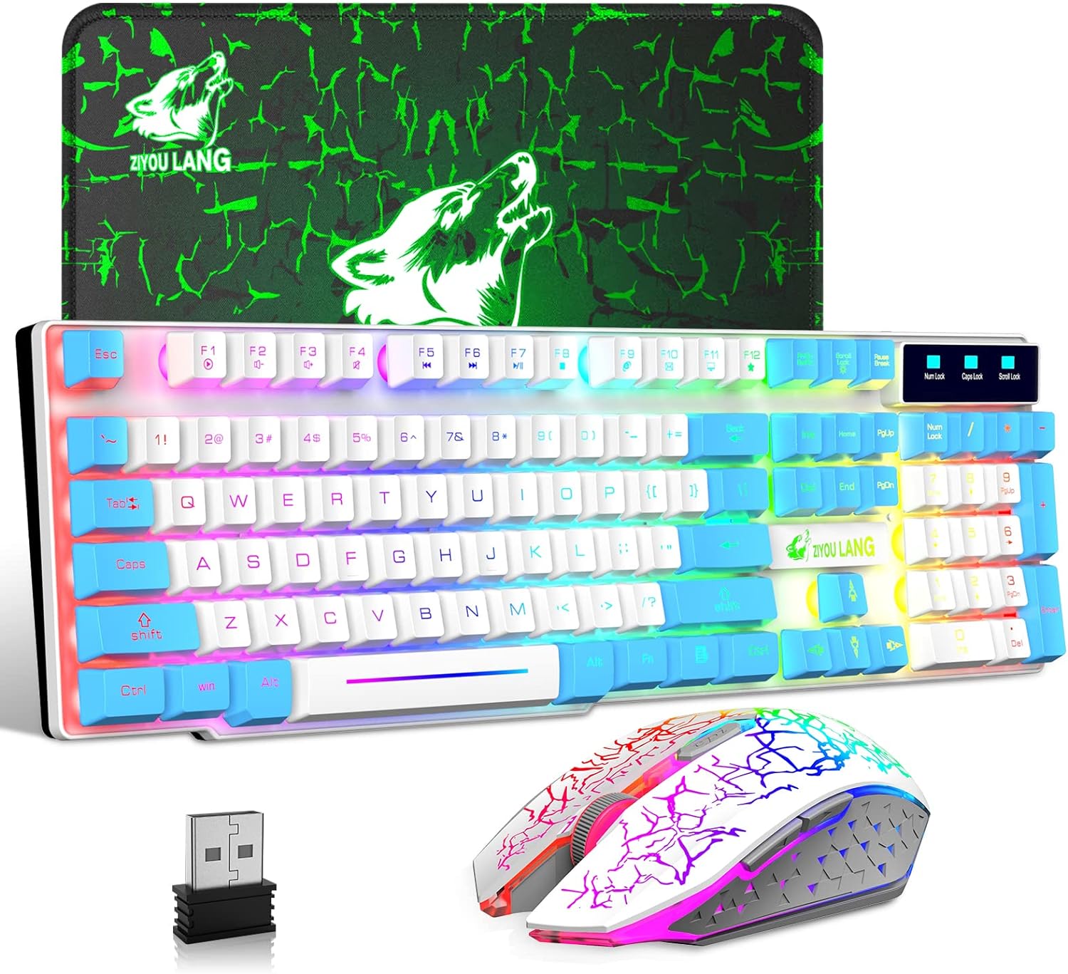 Wireless Gaming Keyboard and Mouse Combo Muti-Color Keycaps Rainbow Backlit Mechanical Feel Keyboard RGB Carck Luminescent Mice Mouse Pad for PC/Mac Gamer, Typist, Travel