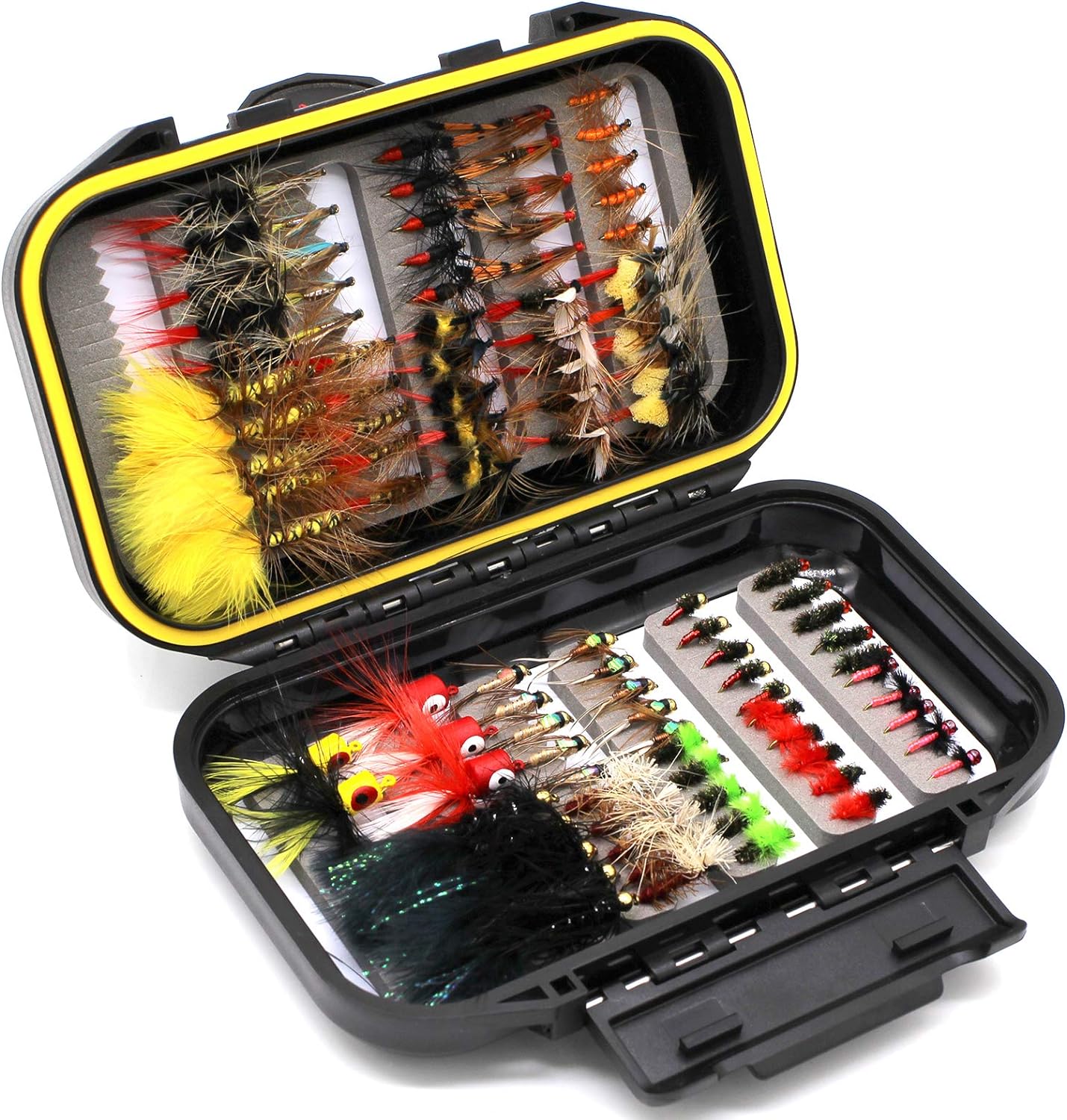 Fly Fishing Flies Assortment Kit Dry Wet Nyphms Tenkara Popper Streamer Woolly Bugger for Trout Bass Salmon Steelhead with Fly Box