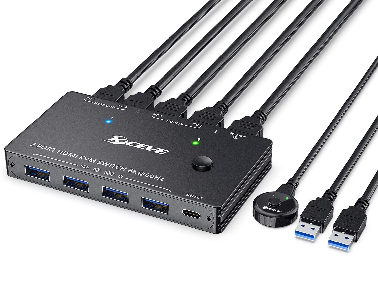 8K KVM HDMI Switch 2 Ports, KCEVE USB 3.0 KVM Switcher Box, Support 7680x4320@60Hz, 3840x2160@120Hz Resolution for 2 Computers Share Mouse Keyboard and Monitor