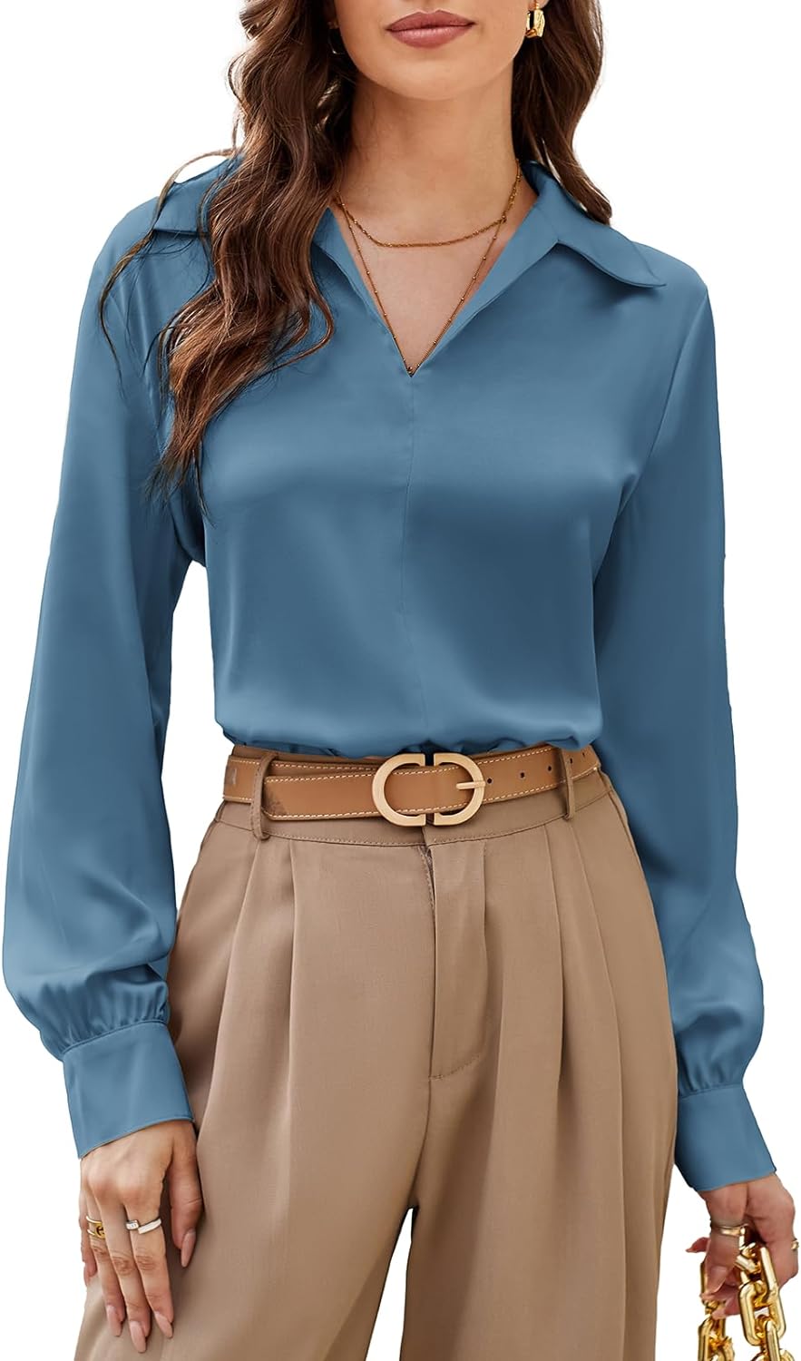 GRACE KARIN Women' Satin Silk Blouse Lapel V Neck Long Sleeve Casual Work Blouse Shirts Pullover Tops