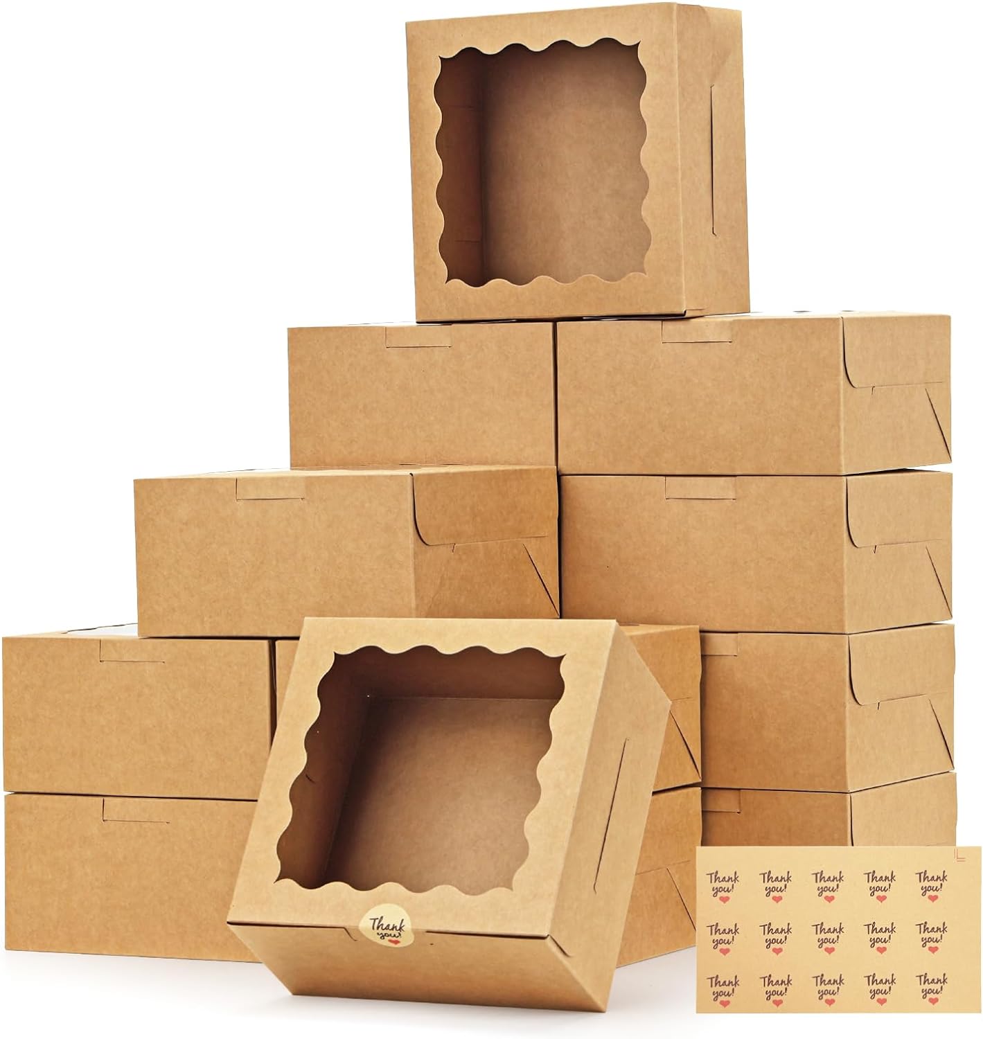 Moretoes 15pcs 6x6x3in Cookie Boxes with Window, Bakery Boxes Kraft Paper Treat Boxes Small Cake Box for Dessert Pastry Pie Donuts, Brown