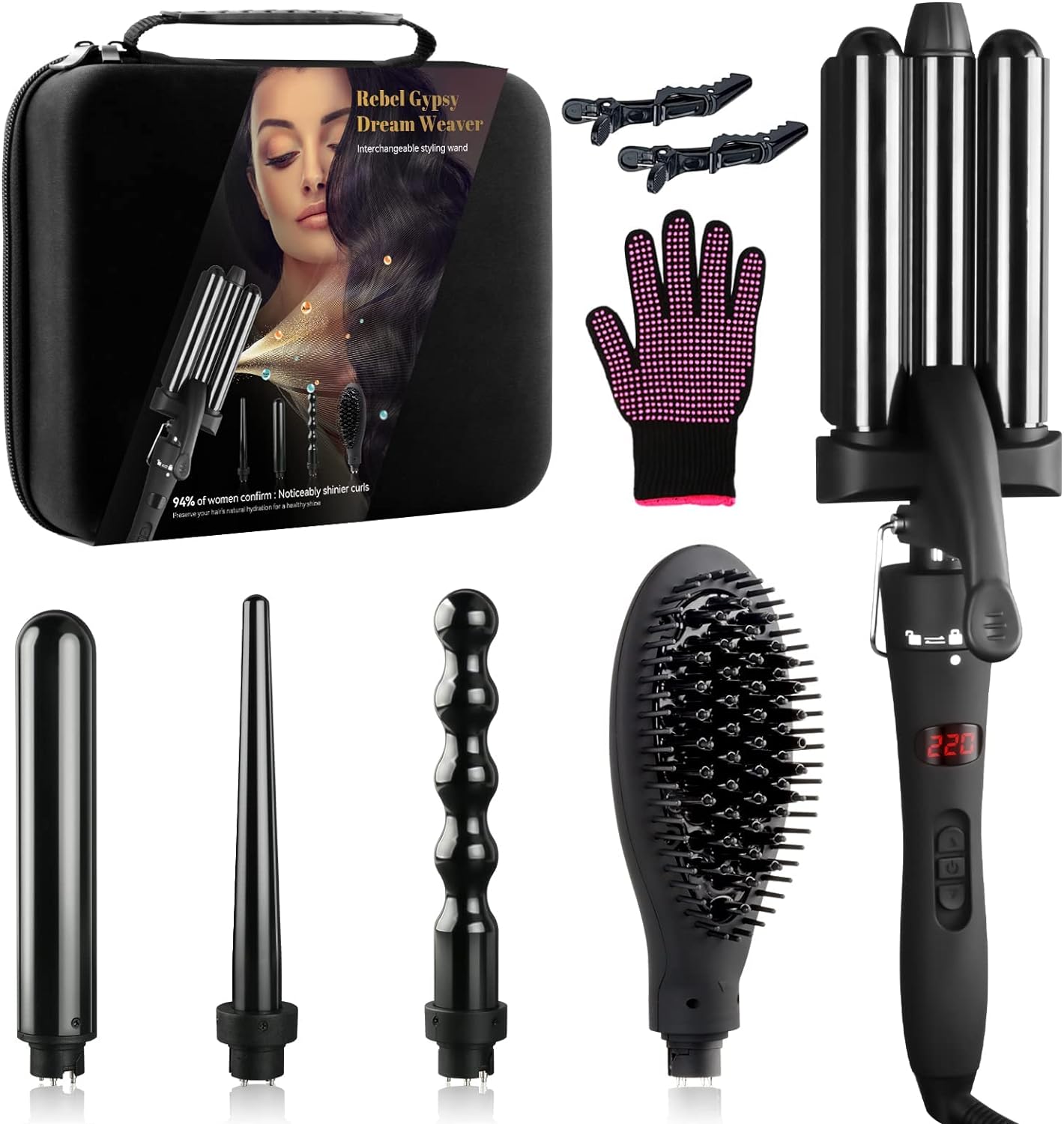 Curling Iron Set 5 in 1 Curling Wand Beach Hair Waver Curling Iron & 3 Interchangeable Barrel with Hair Straightener Comb, Hot Tools Curling Iron with PTC Instant Heat Up & Intelligent LED Display