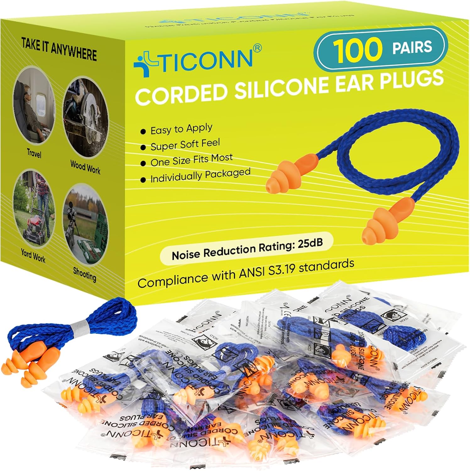 TICONN 100 Pairs Reusable Silicone Ear Plugs for Sleeping Noise Cancelling, 25dB NRR Corded Earplugs for Study Concentration Travel (100 Pairs)