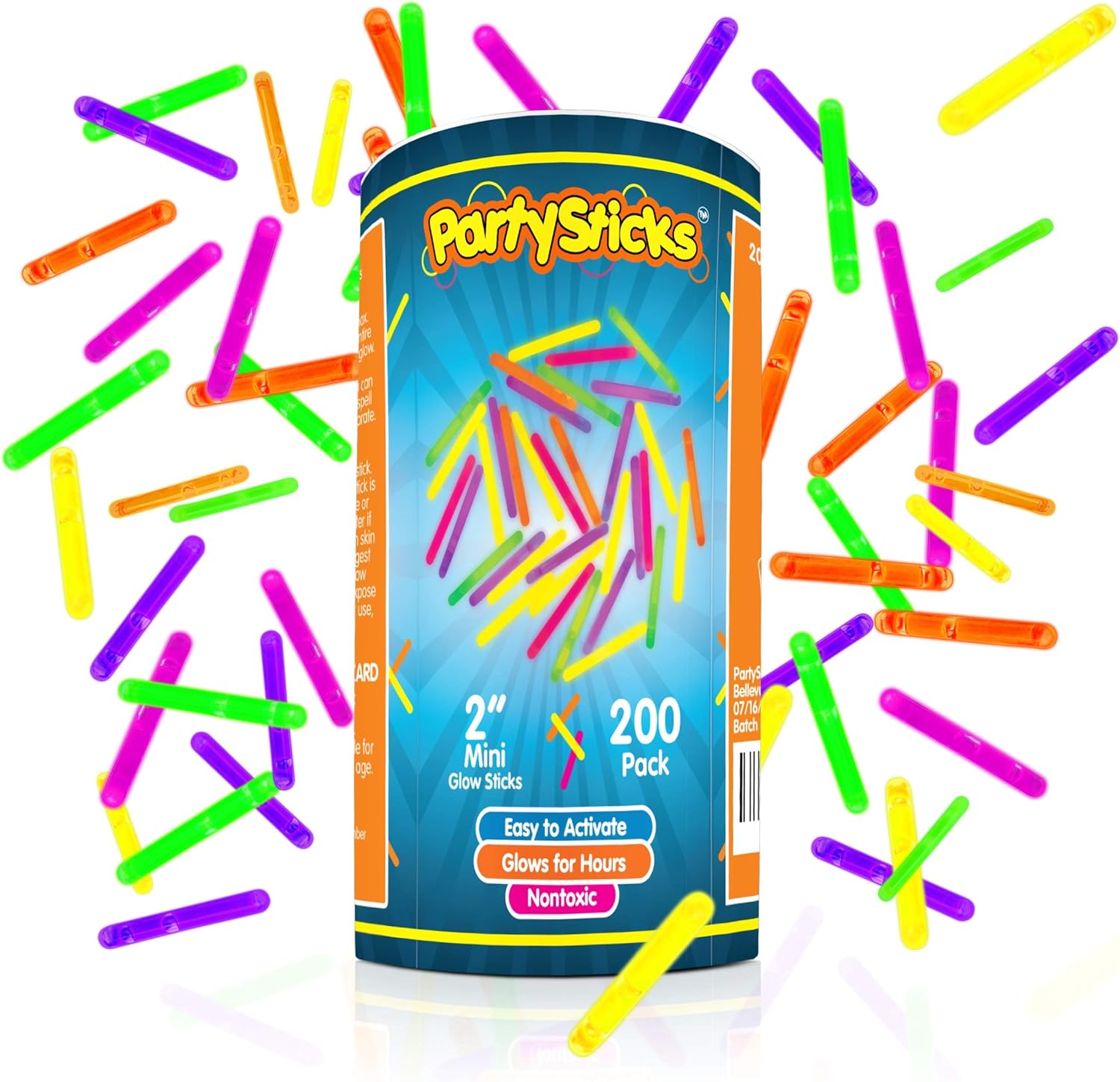 PartySticks Mini Glow Sticks 200 Pack Glow-in-the-Dark Small, for Easter Eggs, 5 Colors, Neon Light Sticks Bulk Party Favors, Easter Basket Stuffer Party Pack, Weddings Classroom Decorations Prizes