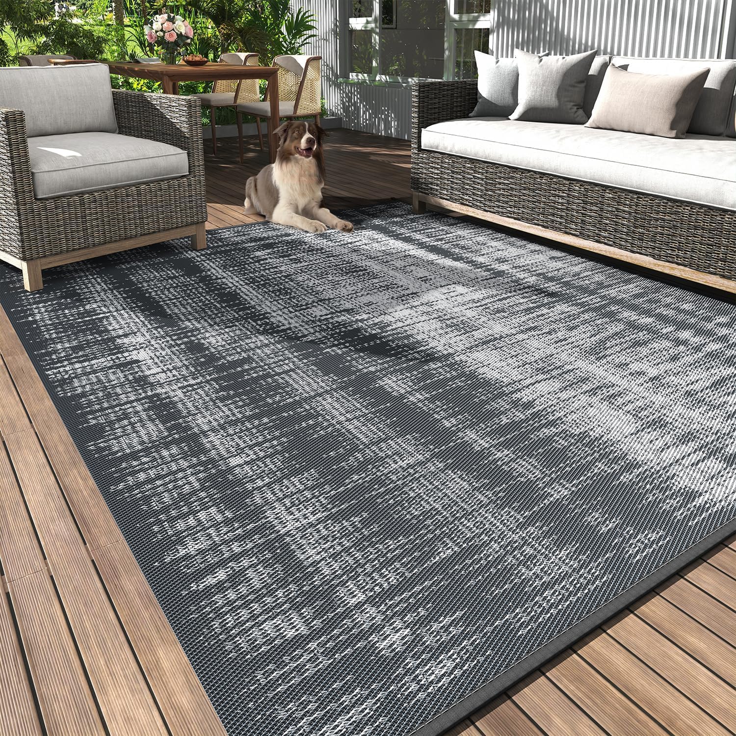 MontVoo Outdoor Rug Waterproof 5x8 ft Outdoor Carpet Patio Rug Mat Reversible RV Camping Rug Plastic Straw Outside Rug for Balcony Porch Deck Picnic Beach-Boho Outdoor Area Rug for Patio Decor Grey