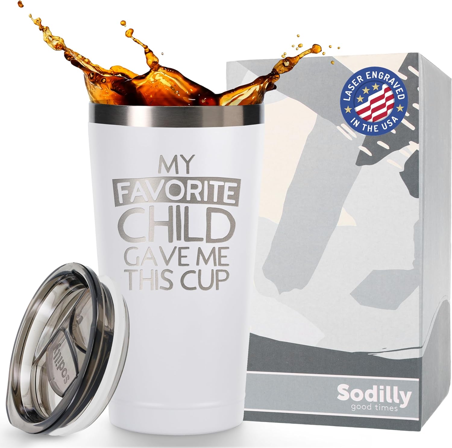 Sodilly 16 oz Stainless Steel Coffee Mug - My Favorite Child Gave Me This Cup - Double Wall Vacuum Insulated - Permanent Laser Engraved Design - Great For Hot And Cold Beverages - Timeless Design