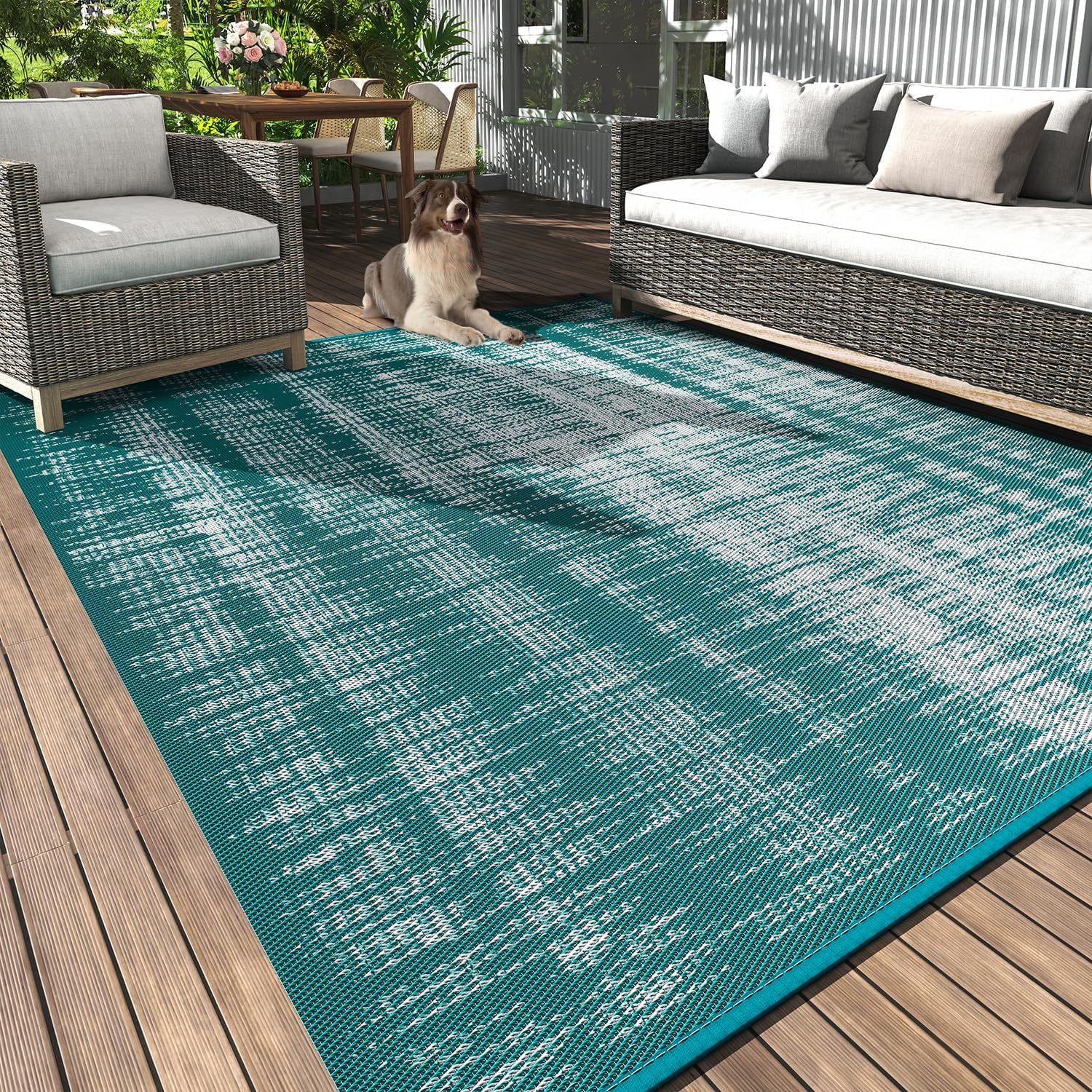 MontVoo Outdoor Rug Waterproof 5x8 ft Outdoor Carpet Patio Rug Mat Reversible RV Camping Rug Plastic Straw Outside Rug for Balcony Porch Deck Picnic Beach-Boho Outdoor Area Rug for Patio Decor Teal