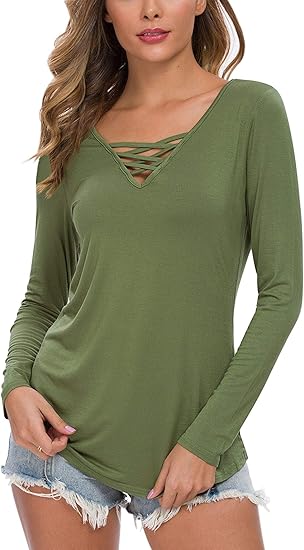 WNEEDU Women' Casual Long Sleeve T-Shirt Criss Cross V-Neck Basic Tees Tops