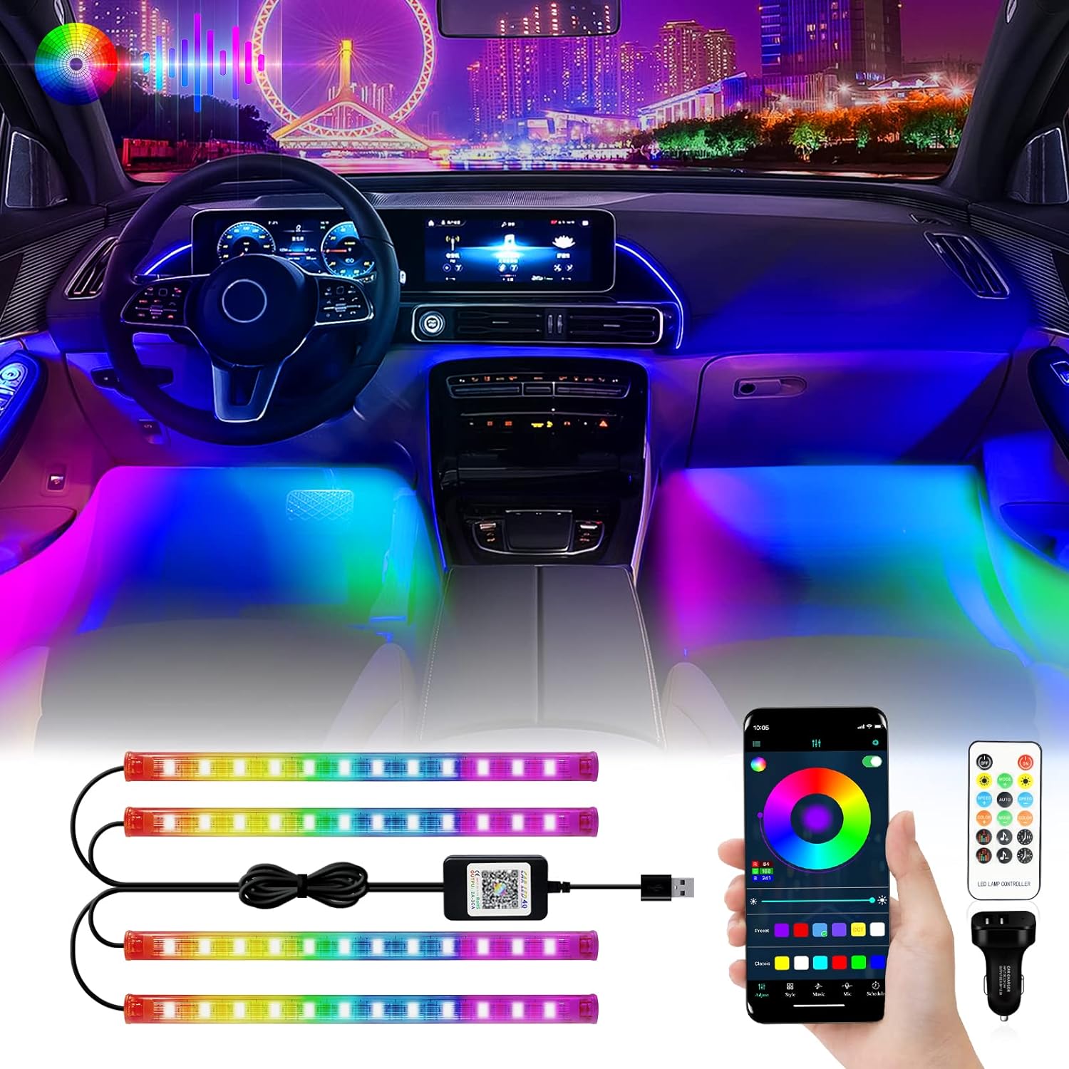 YM E-Brightt RGB LED Strip Lights for Car App Control with Remote Led lights car interior with Charger Music Sync Under Dash Footwell Neon Lighting Kit w/USB Cable DC 12V