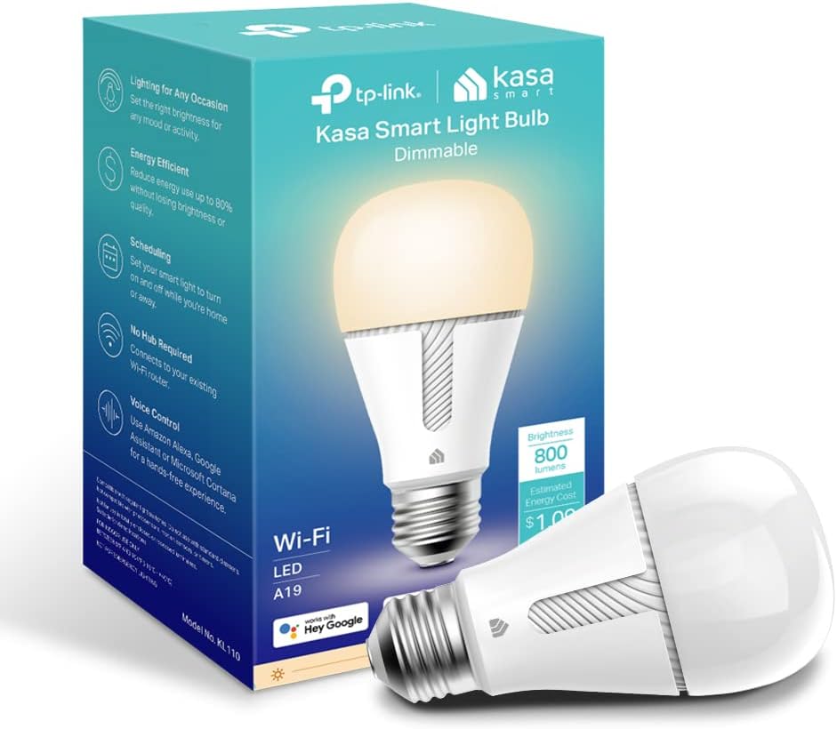 Kasa Smart Light Bulb KL110, LED Wi-Fi smart bulb works with Alexa and Google Home, A19 Dimmable, 2.4Ghz, No Hub Required, 800LM Soft White (2700K), 9W (60W Equivalent)